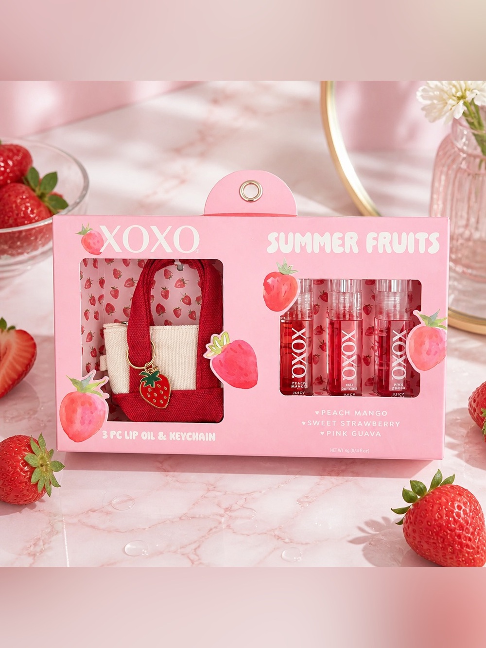 XOXO Summer Fruits 3 Lip Oils & Mini Tote Keychain Set